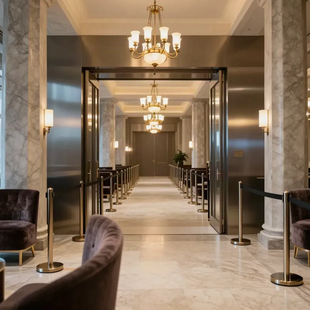 Empty ballroom foyer with velvet stanchions, metal barriers, marble columns, and warm chandelier glow.