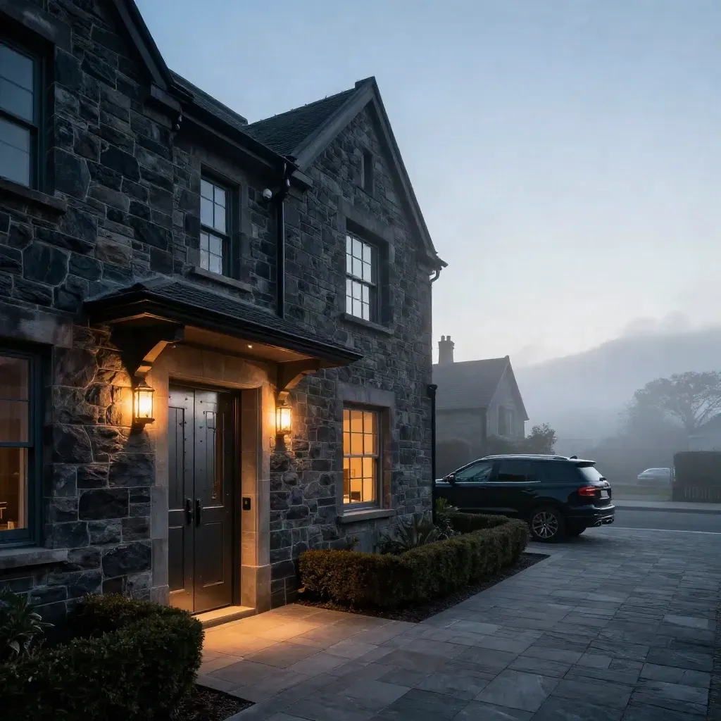 Pre-dawn townhouse security exterior with lit entry, SUV, clipped hedges, and coastal fog.