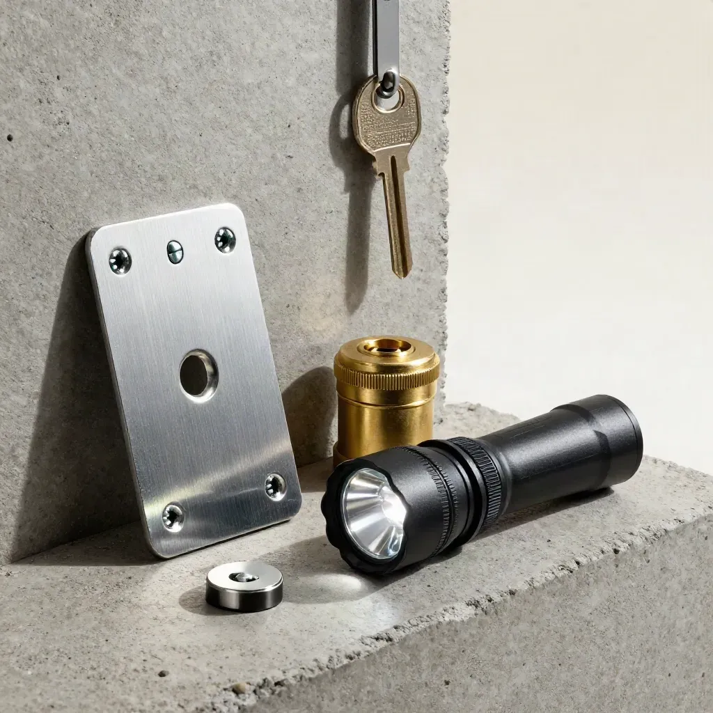 Door hardware inspection tools on concrete under hard studio light.