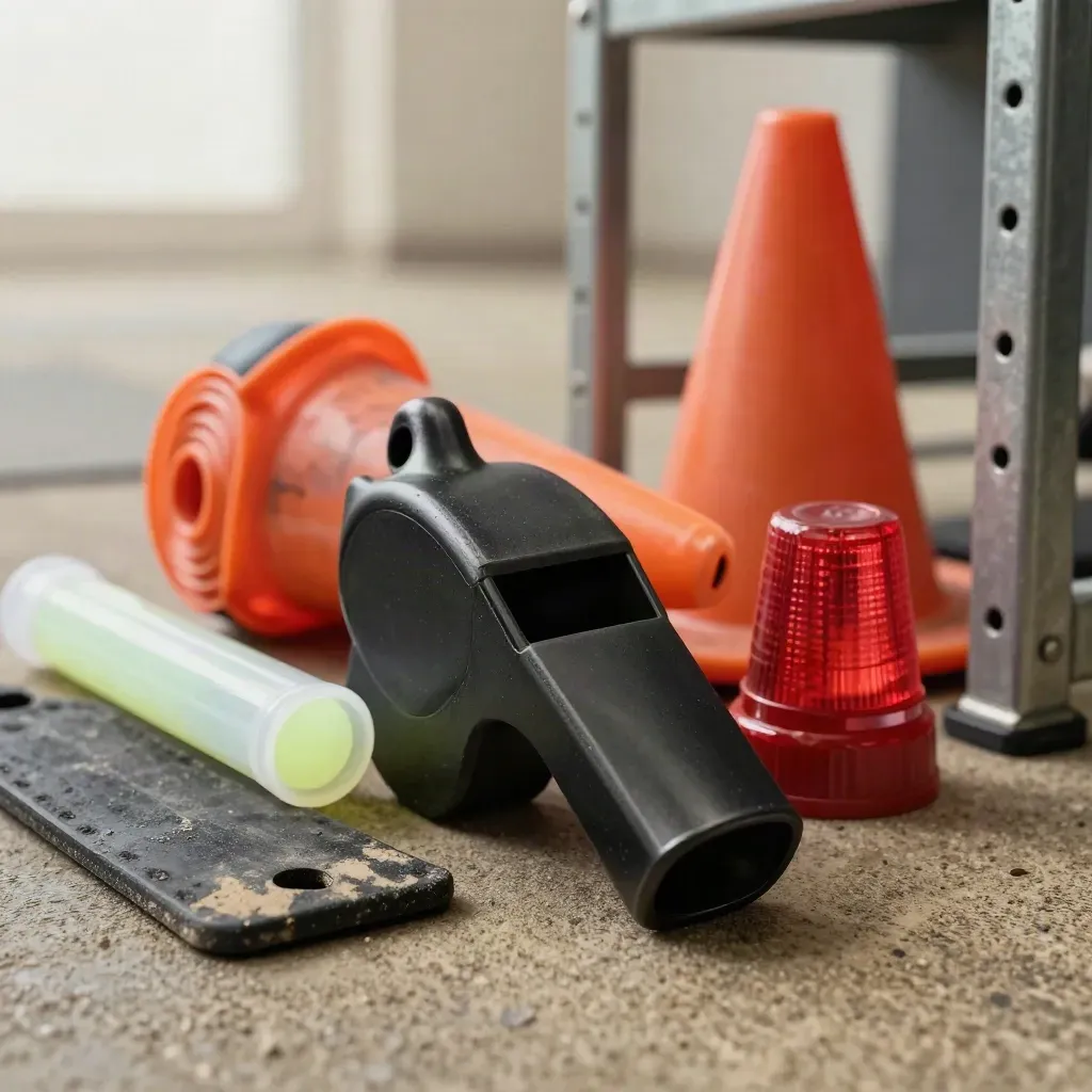 Emergency whistle and training safety kit on a textured mat, lit with dramatic soft daylight.