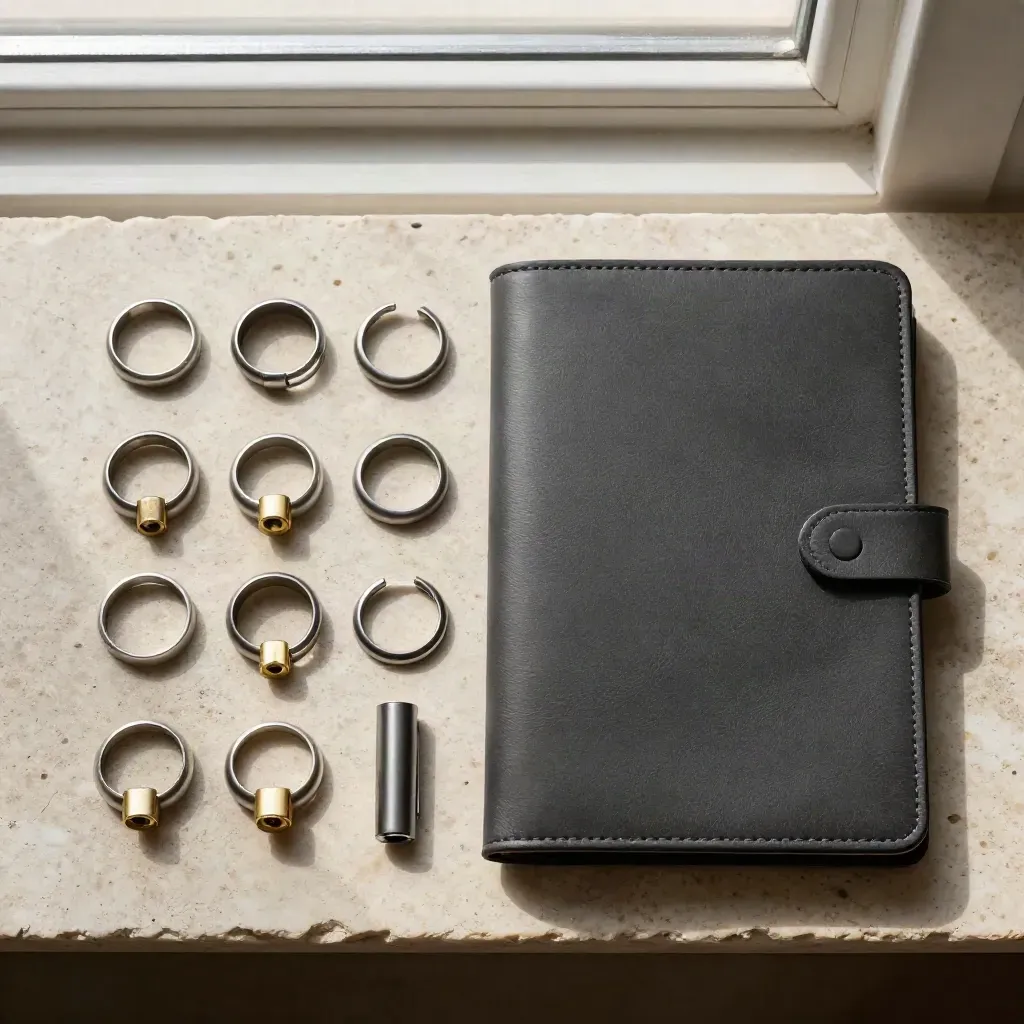 Overhead flatlay of leather folio, metal sample rings, brass lock core and pen cap on pale stone.